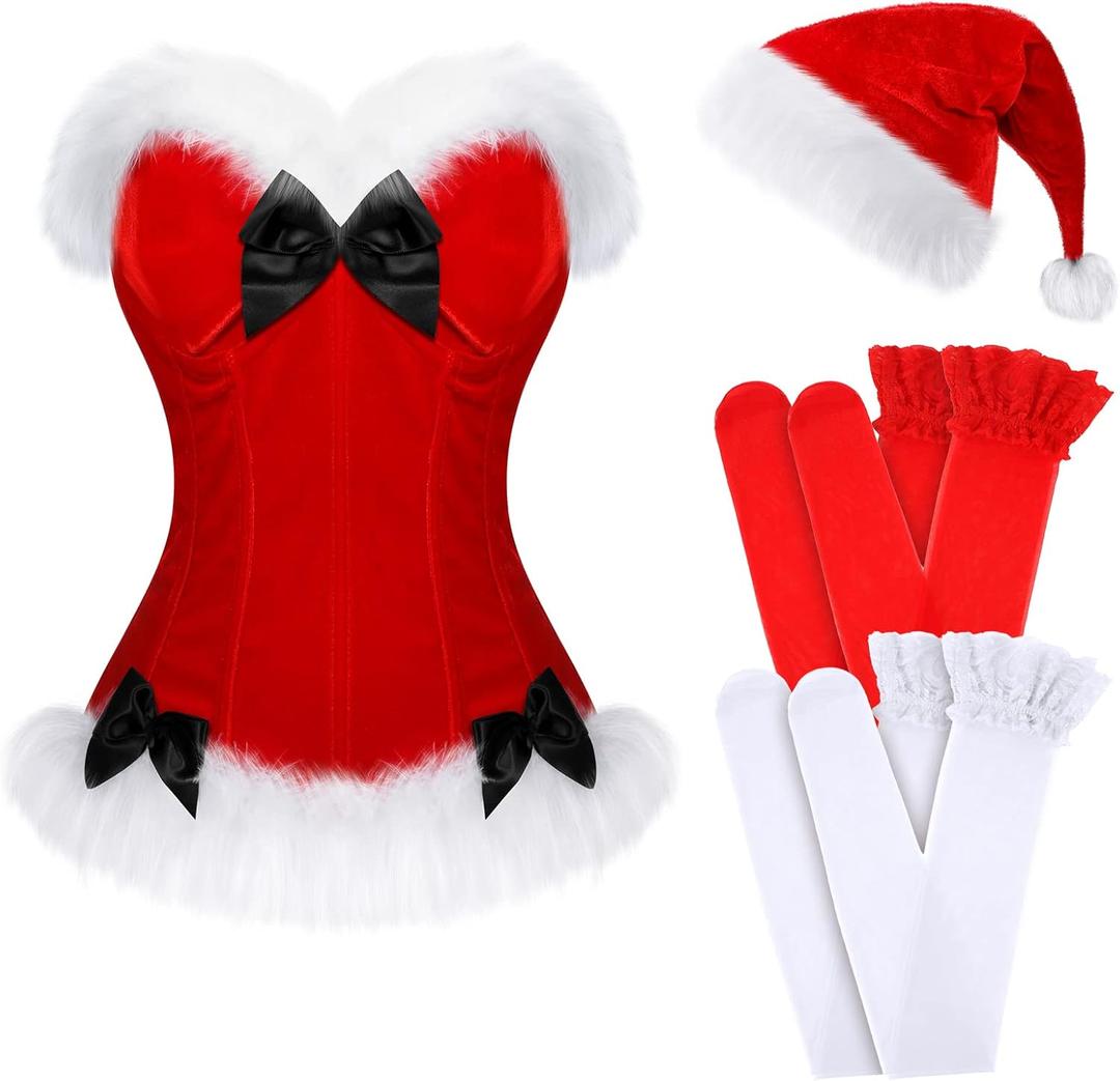 Haysandy 4 Pcs Christmas Santa Costume Women Girls Claus Costume Women Santa Suit Fancy Dress Hat for Xmas Outfits (Red, L)