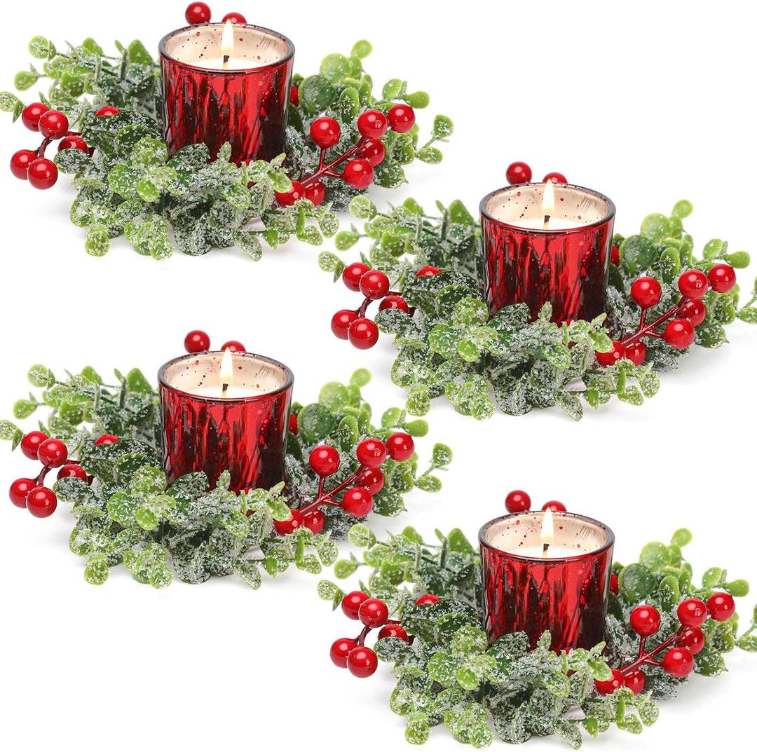 Red Berry Xmas Candle Rings Wreaths with Candle Holders - 4 Pcs, Christmas Centerpieces for Table, Home Decor