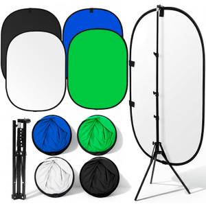 Tingjoo 2 Pack Foldable Photo Backdrop with Stand, 3.3 x 5 ft Double Sided Green Blue Black White 2 in 1 Screen, Portable Photo Backdrop and Stand Kit for Headshot, Video Recording, Live Streaming, 3.28 ft x 4.92 ft