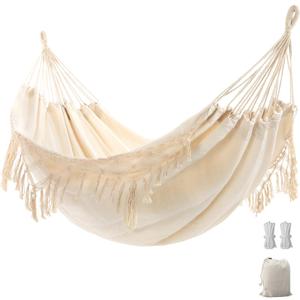 Double Boho Macrame Hammock with Elegant Tassels for Patio, Yard, Beach Wedding Decor, Outdoor and Indoor Up to 450lbs Include Tie Ropes and Drawstring Bag (Beige)