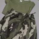 Girls' 2-Piece Skirt Set Round Neck Drawstring Double Cropped T-Shirts and Camouflage Skirt Outfits (6-7 Years, Green)
