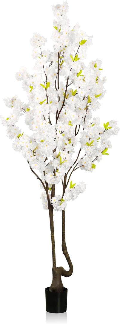 Faux White Cherry Blossom Tree 7ft(84in) Tall Artificial Plant Indoor Decor Handmade Natural Fake White Flower Tree for Wedding Realistic Cherry Plant in Pot for Home Living Room, Office, Outdoor Decor. (2ft 11in)