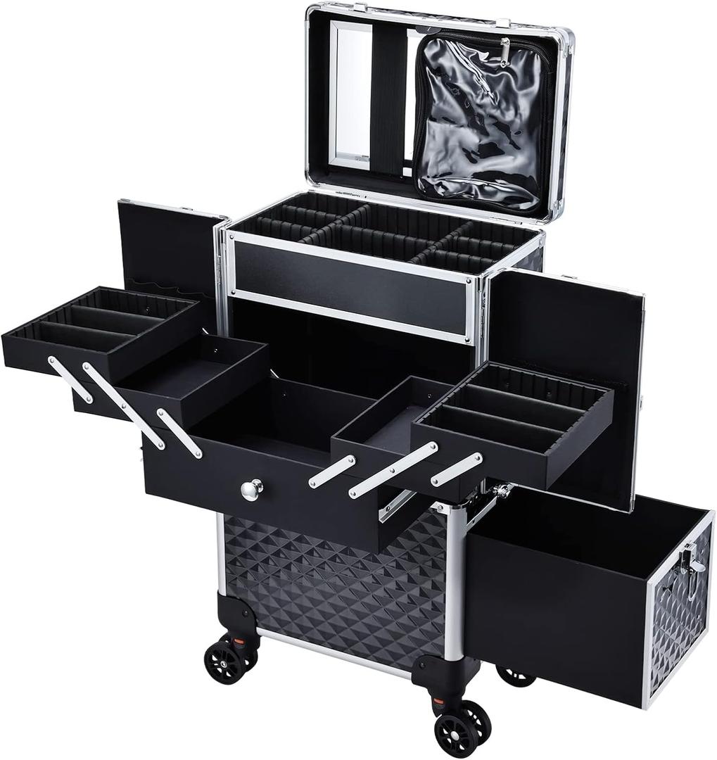 Adazzo Professional Makeup Artist Rolling Train Case Multi-functional Cosmetic Train Case Large Trolley Storage Case for Nail Technicians Cosmetology Case with Compartments for Hairstylist (Black) (EXP 10/14/26)