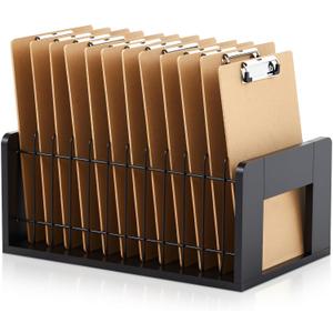 Vertical Clipboard Holder, 12 Slot Bamboo and Metal Clipboard Organizer, Storage Stand Rack, Desk File Organizer Storage Rack for Home, Office, Classroom, No Assembly Required