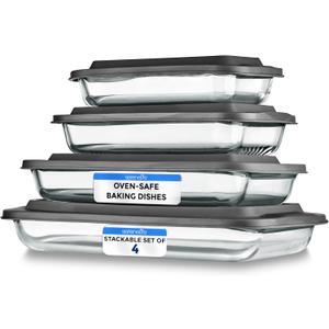 SereneLife 4-Piece Glass Baking Dish with Lids Set - Heavy Duty Rectangular Glass Baking Pan with BPA-Free Lids, Oven-Safe Bakeware for Lasagna, Meats, Desserts, & More - Dishwasher Safe, Black (Gray)