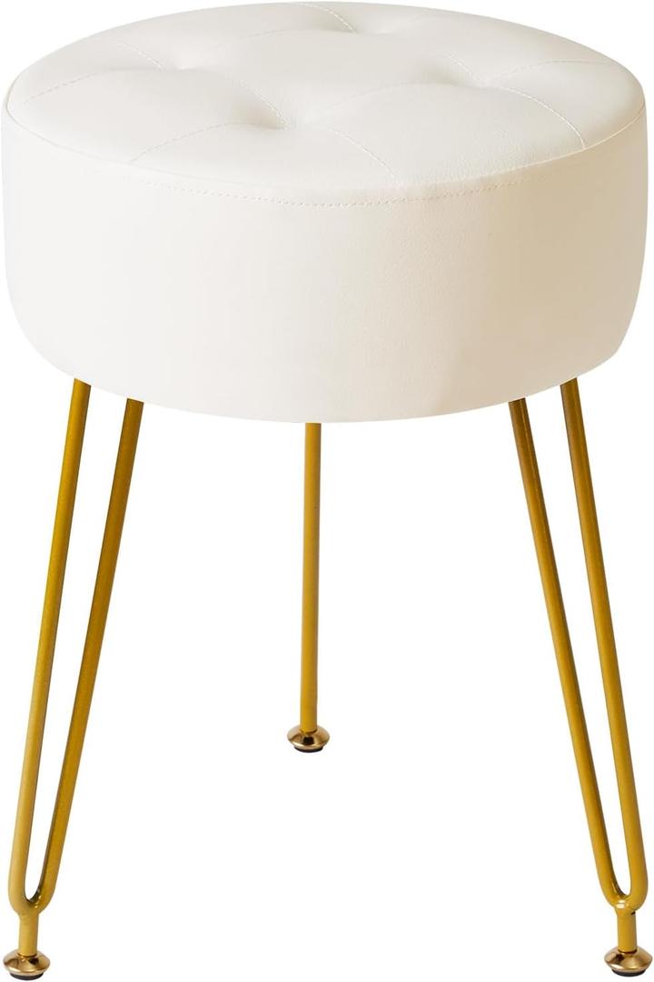 IBUYKE Faux Leather Round Footrest Stool, Makeup Vanity Stool Side Table, PU Dressing Table Seat, Pouf Couch Stool, Golden Steel Legs, White LG-31W