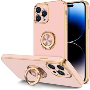 Hython for iPhone 14 Pro Case with Ring Stand [360 Rotatable Ring Holder Magnetic Kickstand] [Support Car Mount] Plated Gold Edge Soft TPU Luxury Shockproof Protective Phone Case Cover, Pink