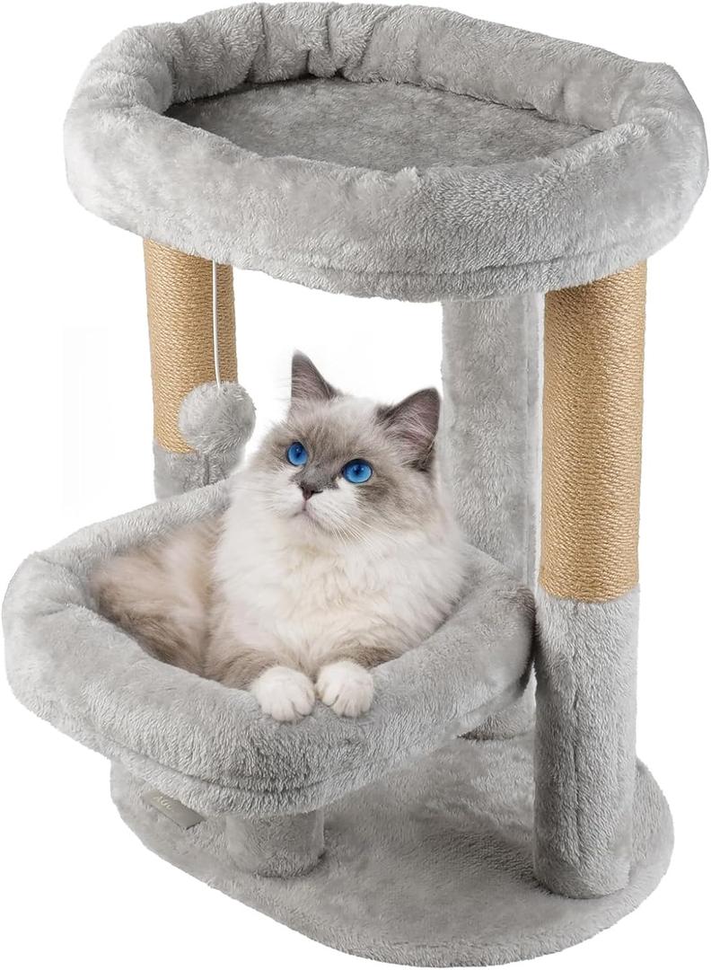 Cat Tree for Indoor Cats, 2-Tier Cat Tower with Padded Donut Beds, Stable Structure, Sisal Scratching Posts & Hanging Ball Toy, Modern Cat Furniture (Light Grey)