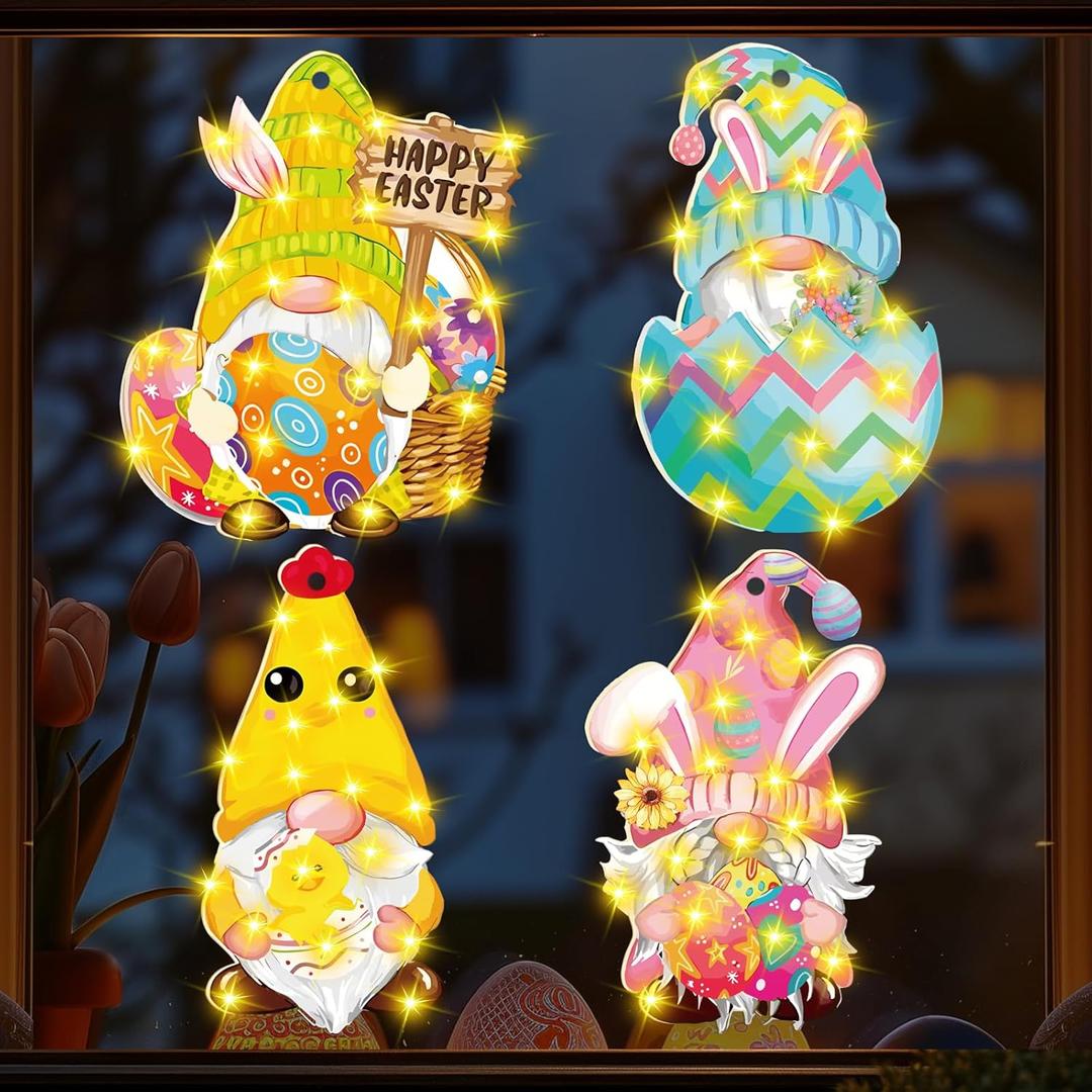 4 Pcs Easter LED Lighted Window Decoration Happy Easter Gnome Window Lights Easter Egg Gnome Window Lights with Hook for Home Outdoor Indoor Easter Party Decor