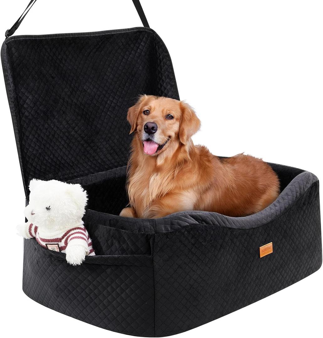 Dog Car Seat for Large Dogs up to 60 lbs or 2 Small Dogs with 4" Memory Foam, Back Seat Medium Pet Booster Seat with Triple Safety Belts, Adjustable Leashes, Detachable/Washable (Dark Black, Large)