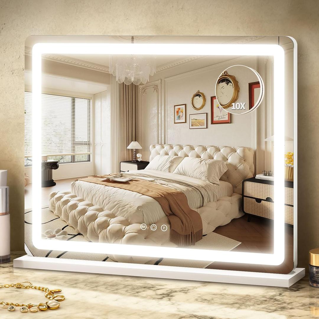 ROLOVE 23"x 18" Large Vanity Mirror with Lights, LED Makeup Mirror for Dresser and Desk, 10X Magnification, Dimmable Touch Control, Wall Mounted or Tabletop Mirror for Bedroom (White)