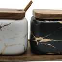 2 Sets of Marble Ceramic Sugar Bowl Ceramic Seasoning Jars with Wooden Lid and Wooden Spoon, Black and White 