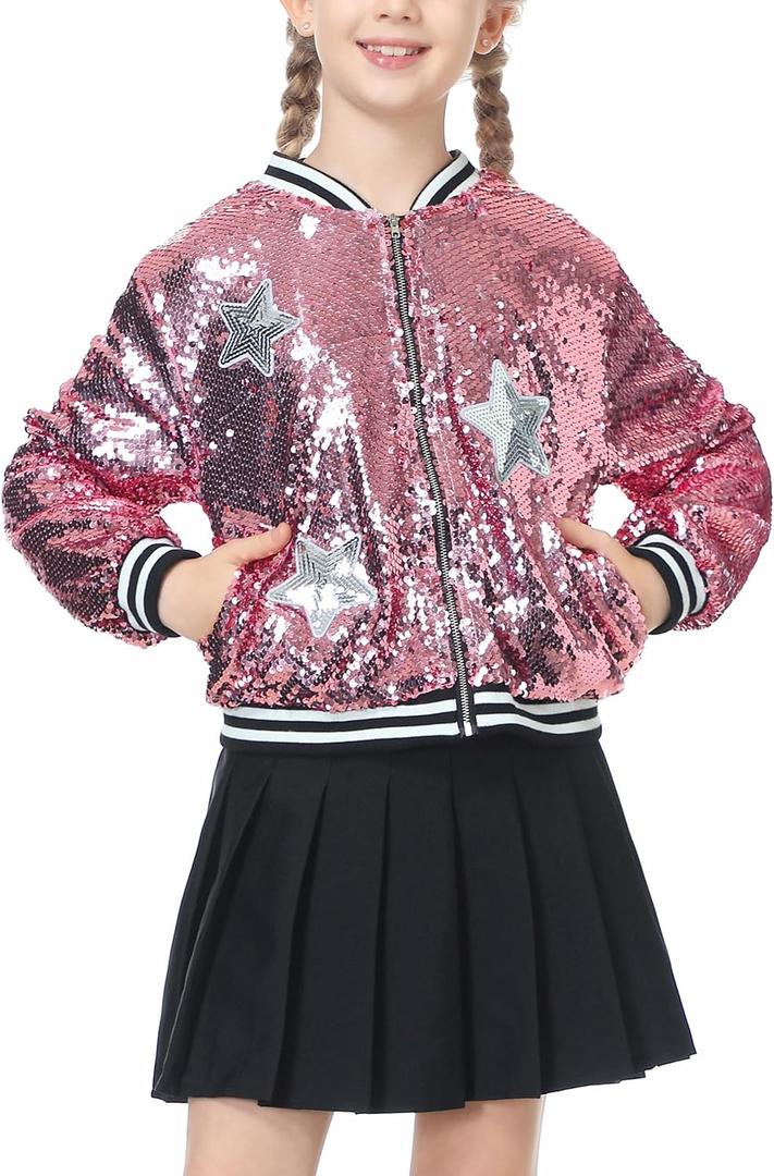 LOLANTA Girls Sequin Jacket, Long Sleeve Kids Bomber Coats with Pockets, Spring Fall Outfits for 4-15 Years (10-12, Pink)