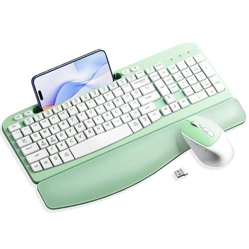 Wireless Keyboard and Mouse Combo, Wave Keys Computer Ergonomic Keyboard with Cushioned Palm Rest, Phone Holder, 2.4GHz Silent 6 Button Wireless Mouse Set for Laptop, PC, Windows, Mac (Mint Green)