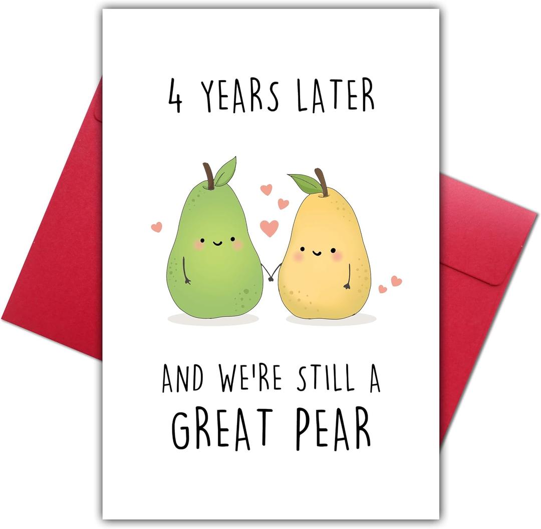 2 x Funny 4 Year Anniversary Card for Boyfriend Girlfriend, Romantic Four-Year Marriage Gifts for Couples, Cute Pear Anniversary Card Gift for Him Her