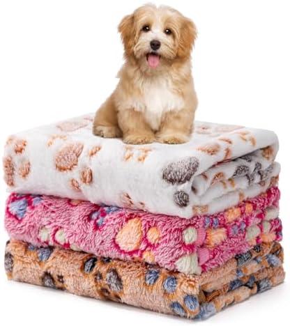 1 Pack 3 Blankets Fluffy Premium Fleece Soft Pet Blanket Flannel Throw for Cat Dog Puppy (Medium 30x20'', Paw-White/Pink/Brown)