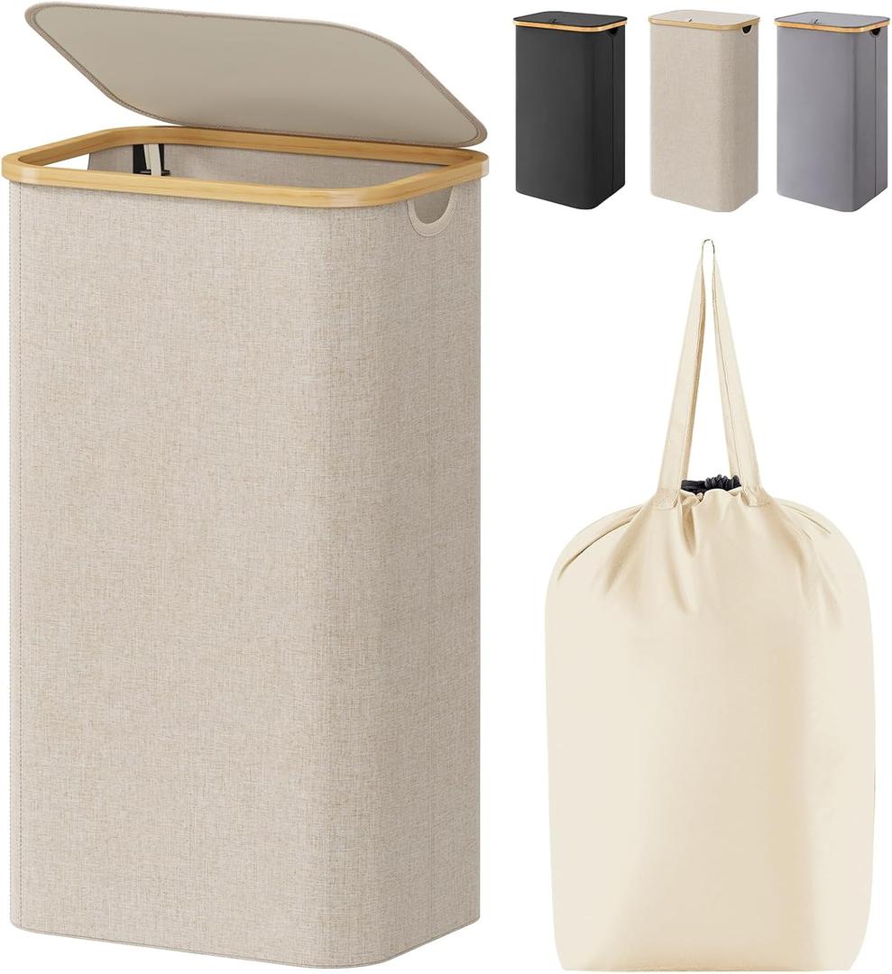 Lifewit 100L Laundry Basket with Lid, Clothes Hampers for Laundry with Bamboo Handles and A Removable Bag, Large Foldable Laundry Hamper for Bedroom, Bathroom, Dorm, Laundry Room, Beige