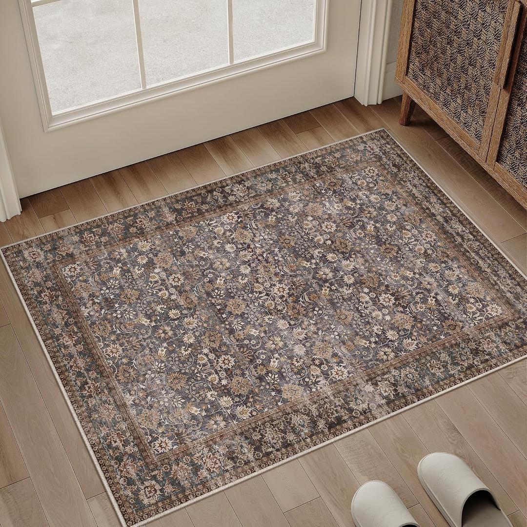 HUGEAR 2x3 Small Rug Machine Washable Area Rug Tradition Brown Entryway Rugs Entrance Door Mat Indoor Accent Rugs Floral Low Pile Carpet Distressed Throw Rug Kitchen Bedroom Office Non Slip