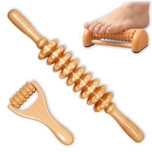 Thetsify 3Pcs Wood Therapy Massage Tools, Lymphatic Drainage & Maderoterapia Kit for Body Sculpting, Anti Cellulite, Wooden Muscle Roller for Deep Tissue, Back, Legs, Foot Roller for Plantar Fasciitis