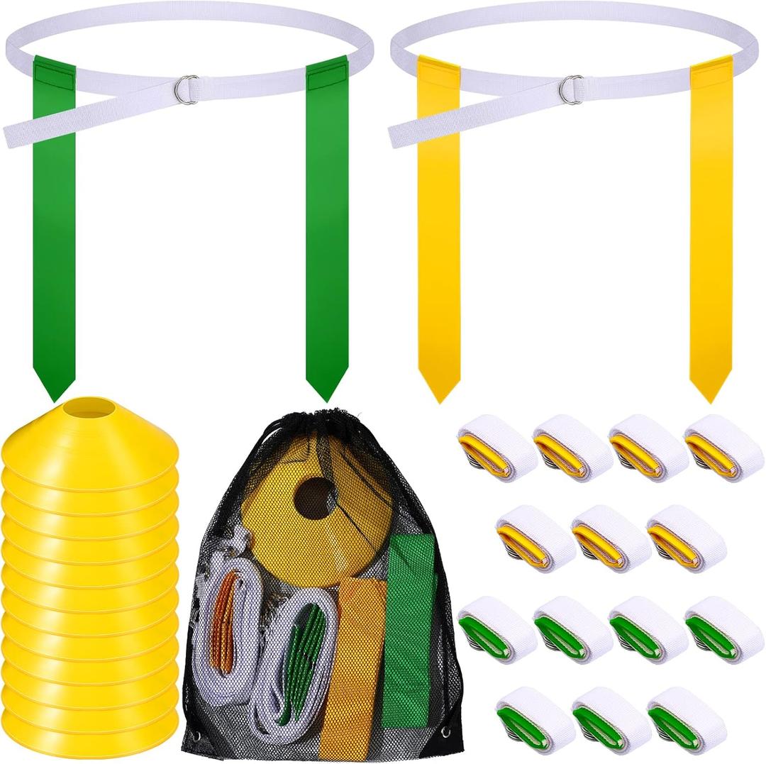 Flag Football Set, 14 Player Adjustable Belts with Cones Includes 14 Easy Tear Away Belts, 28 Football Flags, 12 Cones, 1 Carrying Bag for Youths, Adults Sport Team Training