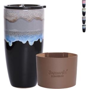 Bosmarlin Ceramic Travel Coffee Mug with Lid, 21 oz, Portable Coffee Cup for Car Cup Holder, Microwave and Dishwasher Safe, Reactive Glaze (Gray)