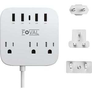 European Travel Plug Adapter, FOVAL EU UK US Power Strip with USB C and 4 USB Ports, 3 AC Outlets, Wall Mountable, 5ft Extension Cord, Compact for Travel, Cruise Ship, Home Office (White)