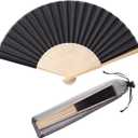 24pcs Imitated Silk Hand Fan Imitated Silk Fabric Bamboo Handheld Folded Fan Bridal Dancing Props Church Wedding Party Favors with Organza Bags (Black)