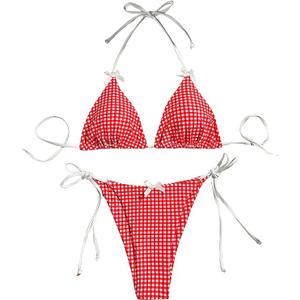 Women's 2 Piece Y2K Gingham Print Bow Front Bikini Halter Tie Bikini Set Triangle Set Beachwear Swimsuit Bathing Suit LARGE