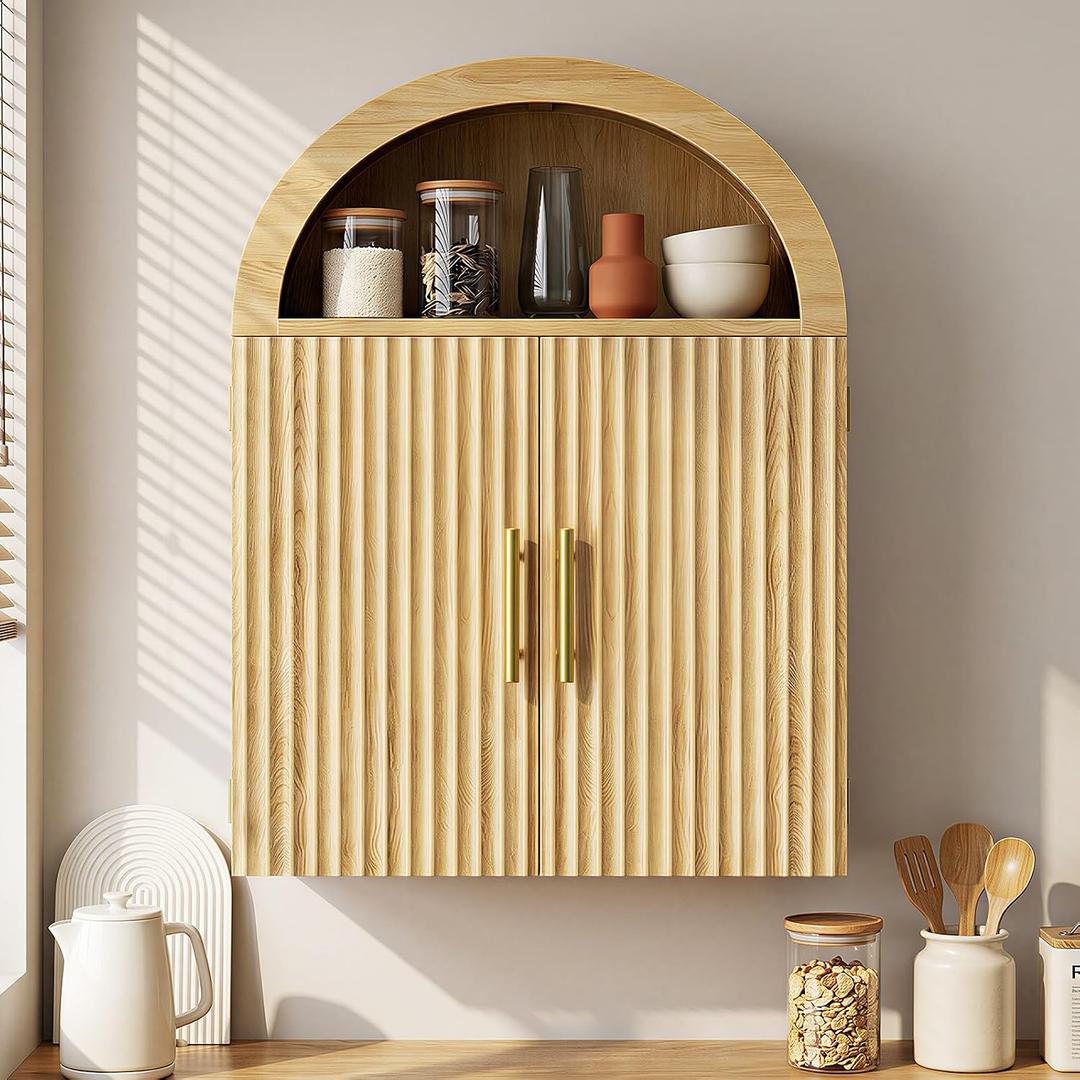 Kalrin Arched Wall Cabinet, Large Wood Bathroom Cabinet Wall Mounted Cupboard, Modern Floating Storage Cabinet with Door Adjustable Shelf, Wood Organizer Light Oak, 23.6 x 31.5 x 7.8 inches