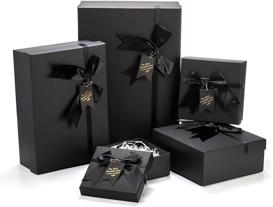 ZENFUN 5 Pack Black Nested Gift Boxes with Lid for Valentine's Presents, 5 Sizes Luxury Packaging Box with Ribbon Bows and Label Gift Wrap for Thanksgiving Birthday, Weddings, Mother's Day 13.7'' to 5.1''