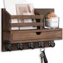 Key Holder Wall Mount, Mail Holder with Storage Drawer and 5 Key Hooks for Coat, Dog Leash, Home Decor Rack, House Accessories, Entry Way Organizer (Standard - 11.8 Inch, Brown)