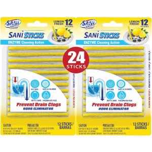 SANI 360° Sani Sticks Drain Cleaner and Deodorizer | Non-Toxic, Enzyme Formula to Eliminate Odors and Helps Prevent Clogged Drains | Septic Tank Safe (72 Count, Lemon)