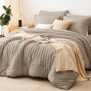 CozyLux Queen Seersucker Comforter Set with Khaki Bed in a Bag 7-Pieces All Season Bedding Sets with Comforter, Pillow Sham, Flat Sheet, Fitted Sheet, Pillowcase