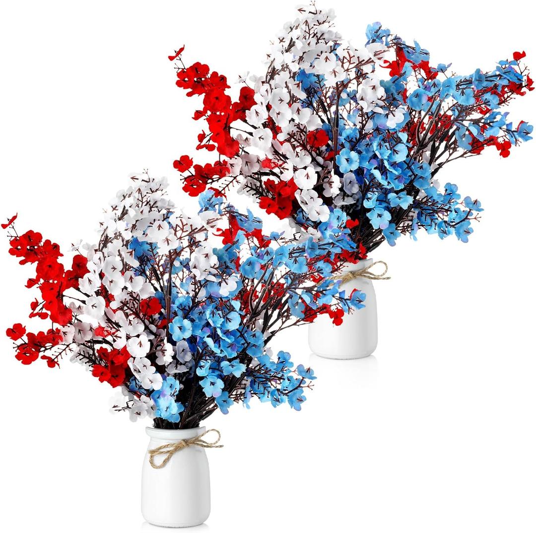 Nitial 2 Set 4th of July Artificial Flowers Red Blue White Patriotic Picks Decor with Vase Fourth of July Bouquets Arrangement Table Centerpieces for Independence Day Home Office Table Decoration