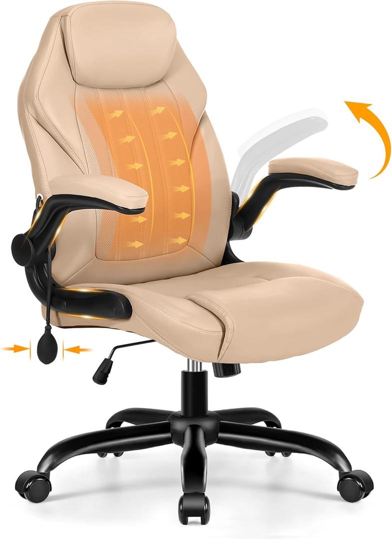 Ylzyxal Office Desk Chair, Ergonomic Computer Chair with Padded Flip-Up Arms and Adjustable Lumbar Support, PU Leather Executive Chair with Tilt Lock and 360 Swivel Rolling Wheels for Work, Study (Beige)