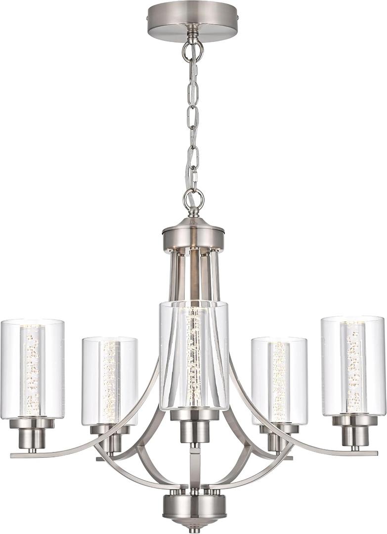 MELUCEE LED Chandeliers for Dining Room 5 Lights Dining Room Light Fixture Brushed Nickel Kitchen Chandeliers Over Table Led Pendant Light with Clear Glass Shade, Built-in LED Chips, 5CCT Adjustable