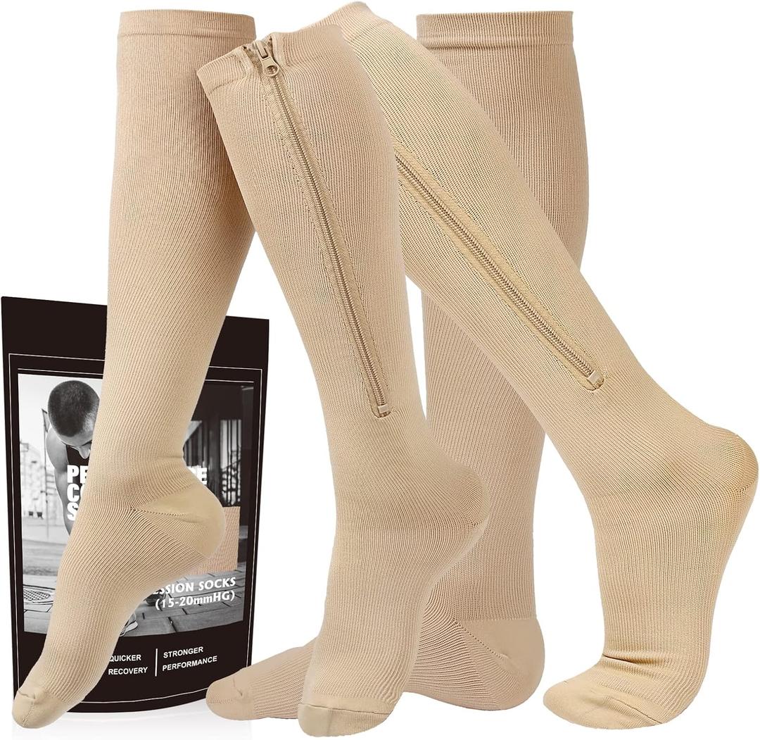 cerpite Zipper Compression Socks, 2 Pairs 15-20 mmHg Closed Toe Compression Stockings for Men Women, XXL