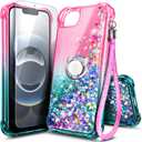 NGB for iPhone 16e & iPhone 17e Case, Glitter Liquid Sparkle Cute Cover for Women Girls Kids | with Tempered Glass Screen Protector & Ring Holder & Wrist Strap -Pink/Aqua