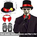 Tigeen 7 Pieces Halloween Day of the Dead Costume Accessories Set for Men and Women Skeleton Rose Couple Costume Skeleton Gloves Men's Hat Bow Tie Rose Floral Crown Veil Hair Clip