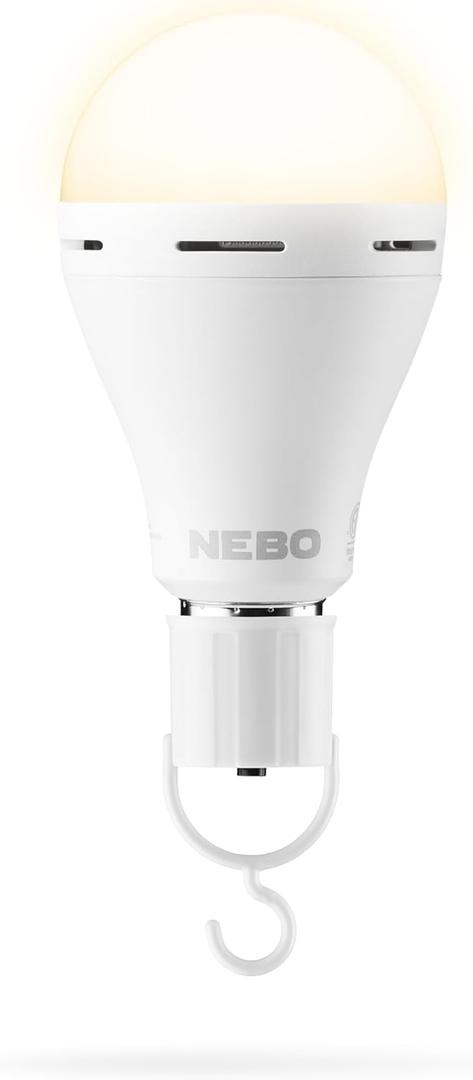 NEBO BLACKOUT BACKUP Emergency Bulb | 850 Lumens, 4 Light Modes, LED Rechargeable Light Bulb, Automatic Charging, Works Without Power, E26 Screw Base, Includes Power Cap & Portable Hanging Hook