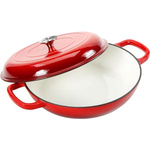 Cast Iron Casserole Braiser,3.8 Quart Enameled Cast Iron Pan,Heavy Duty Casserole Skillet with Lid and Dual Handles,Porcelain Surface Casserole Dish with Lid,Dutch Oven Gifts for Family,Red (3.8QT)