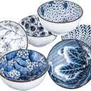 Japanese Style Ceramic Rice Bowls,10 Ounces Small Salad,Soup,Ice Cream Snack Dip Bowl Set of 6,Blue and White Floral Microwave Safe for Kitchen (4.5 inch)