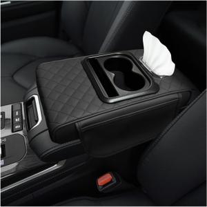 Car Center Console Armrest Pillow, Multifunctional Armrest Box Cover with Cup Phone Tissue Holder & Side Pockets, Waterproof Leather Middle Console Cushion for Most Vehicles (Black, Embroidered)