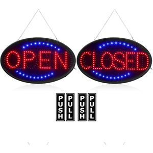 Kanayu 3 Pcs Closed Open LED Neon Sign and Push Pull Stickers Sign Set 23 x 14 Inch Open Closed Electronic Advertisement Display 5 x 2 Inch Vinyl Push Pull Vertical Decal Self Adhesive for Shop Bar