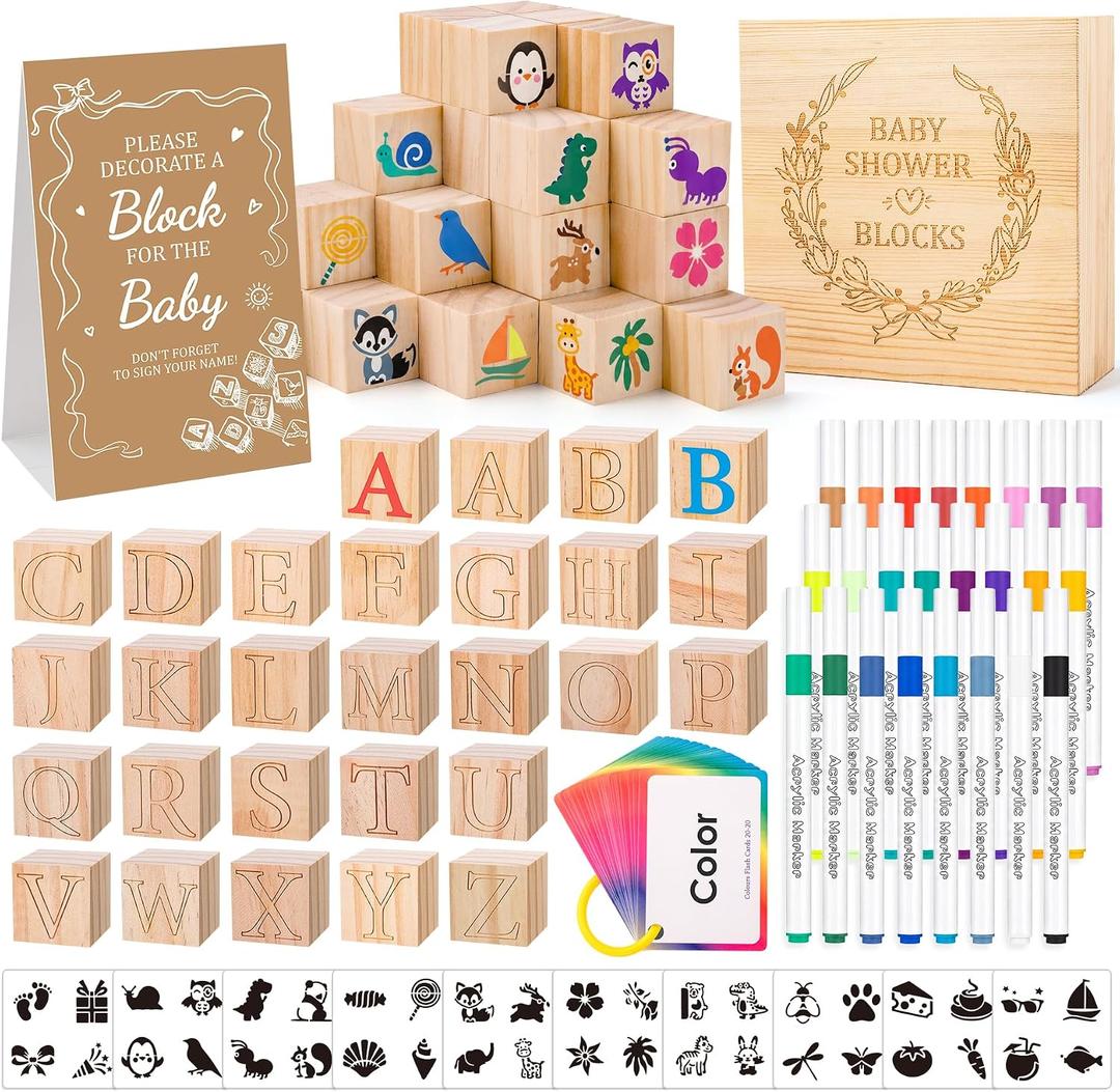 VISCOO 138 PCS Baby Shower Blocks Game Set for Guest,Game Sign Decorations | Wooden Box, Wooden Blocks, Markers, Letter Cards, Stencils Game Sign for Baby Shower Games Decorations