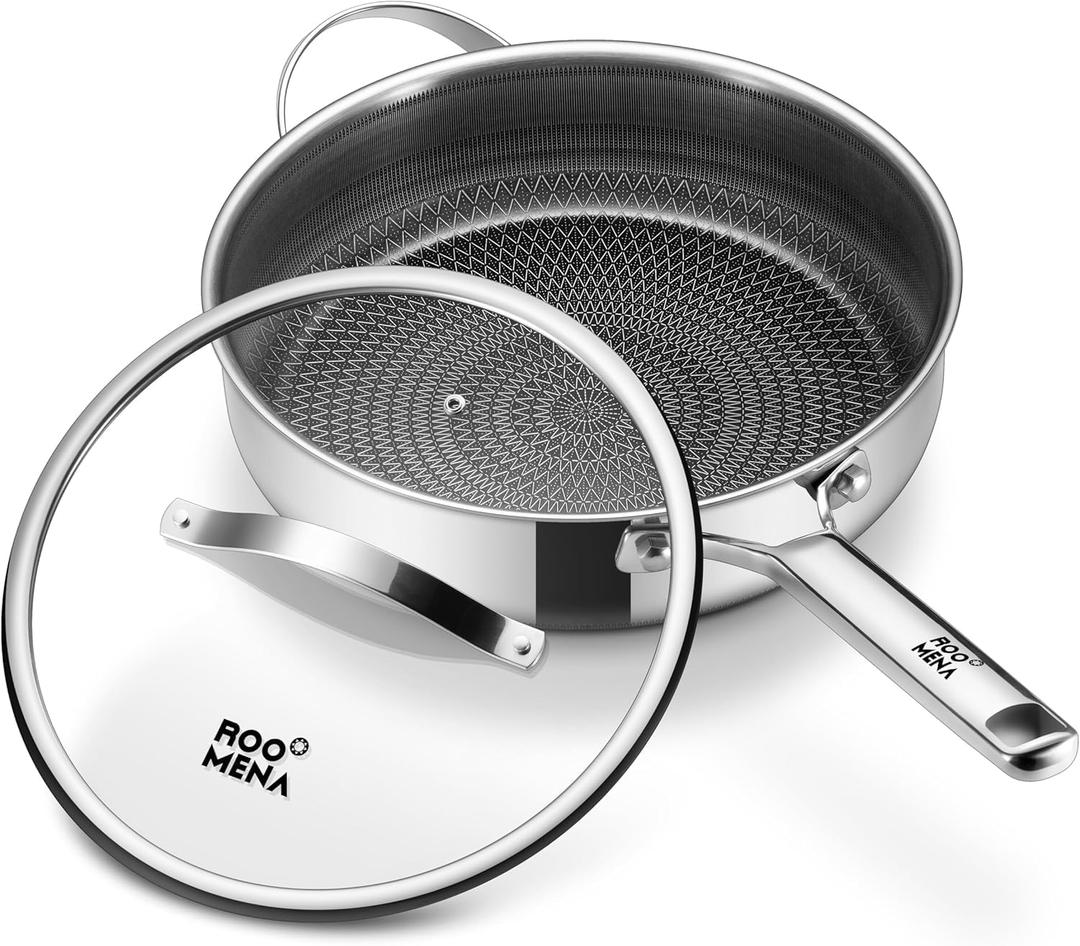 Saute Pan with Lid, Hybrid Ceramic Nonstick 12 Inch 5-Quart Tri-Ply Stainless Steel Skillet, PFAS/PFOA/PTFE Free, Metal Utensil Safe, Dishwasher & Oven Safe, Induction Compatible