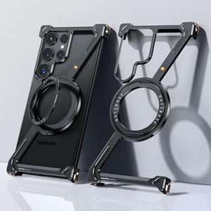 OGRANEE Z Case for Samsung Galaxy S24 Ultra Frameless, with Magsafe Kickstand 360 Rotatable, Bezel Less Metal Slim Hard Ultra Thin Case with Ring Holder Magnetic Stand for Men, Black