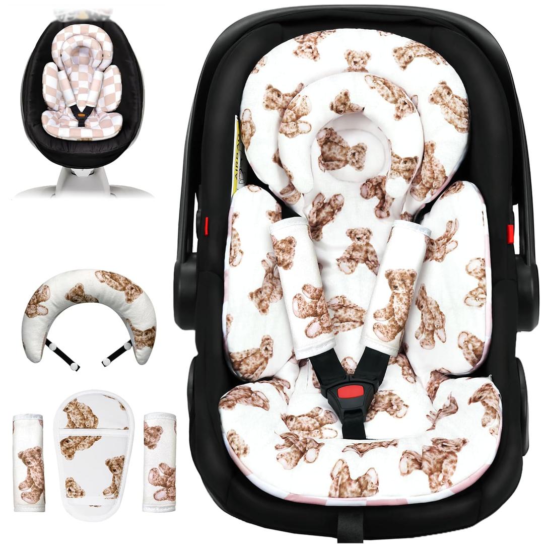 Infant Car Seat Insert with Removable Cushion for Preemie to Toddler, Reversible Newborn Carseat Insert for Baby Head Body Support, Fits for Stroller, Baby Swing, Bouncer (Teddy Bear)