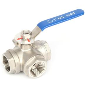 U.S. Solid 1" 3 Way Ball Valve - 304 Stainless Steel NPT Female Threaded Manual Ball Valve, L Mounting Pad