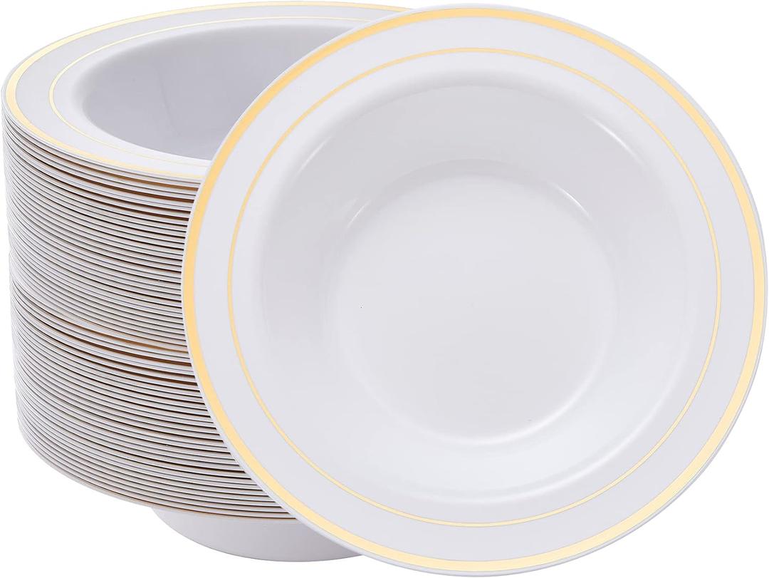 N9R 30PCS Disposable Plastic Bowls with Gold Rim, 12 oz Fancy White Plastic Bowls, Premium Dessert Salad Bowls Perfect for Party, Wedding and Everyday Use